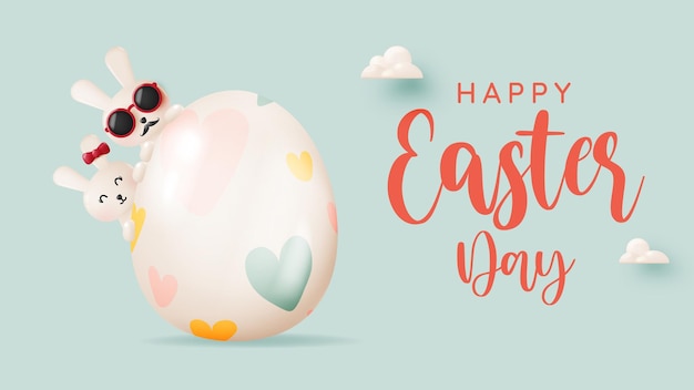 파스텔 색상의 3d 현실적인 예술 스타일과 많은 부활절 달걀 벡터 삽화의 귀여운 토끼와 함께 행복한 부활절 날
