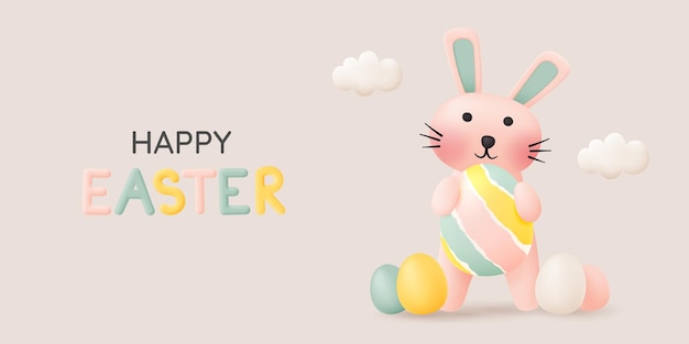 Happy easter day with cute rabbit in pastel color 3d paper art style