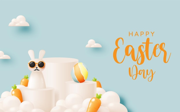 Happy easter day with cute rabbit in pastel color 3d realistic art style and lot of easter eggs vector illustration