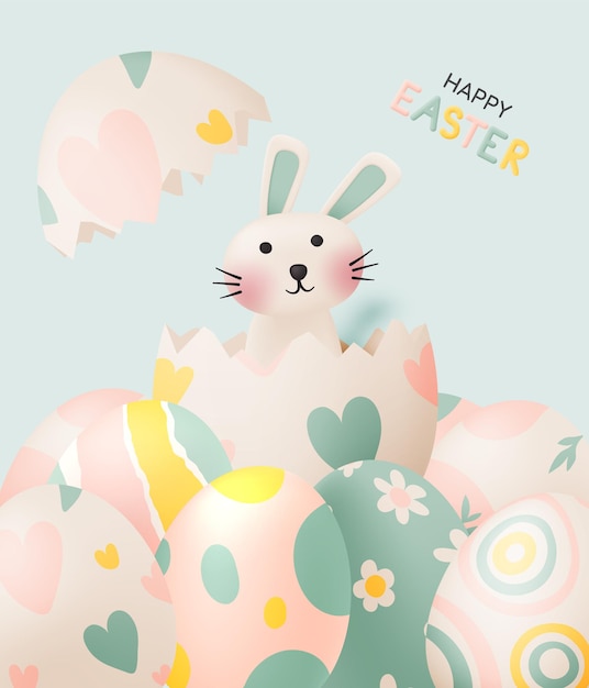 Vector happy easter day with cute rabbit in pastel color