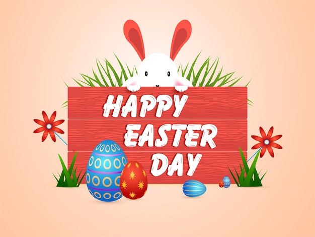 Happy easter day wooden banner cute bunny with easter wishing typography vector illustration