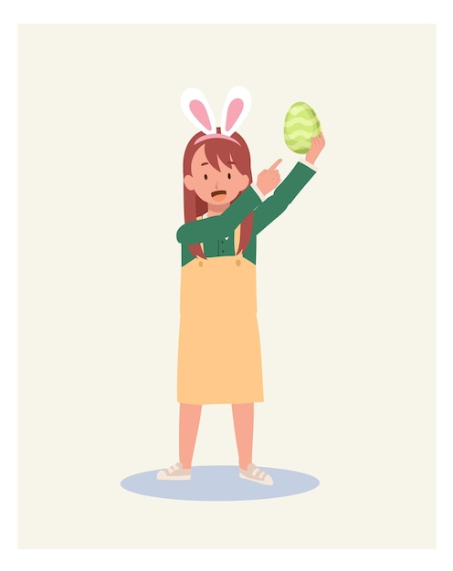 Vector happy easter dayhappy klein meisje met konijnenoren die paasei vasthouden terwijl wijsvinger erop wijst om vlakke stijl vectorillustratie te tonen