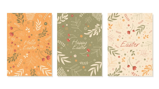 Happy easter decorated easter cards folk style patterned design for banners covers flat style vector
