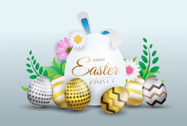 Happy Easter decoration, colorful eggs with sign, flowers and text.