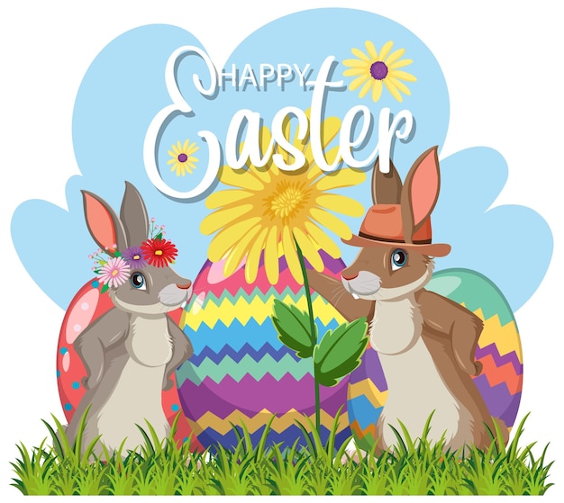 Happy Easter design with bunnies and eggs