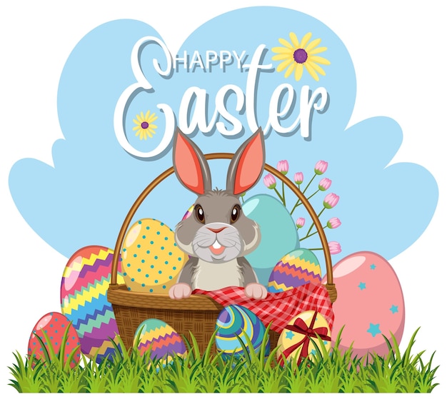 Happy Easter design with bunny and eggs