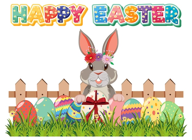 Happy easter design with rabbit and eggs in garden