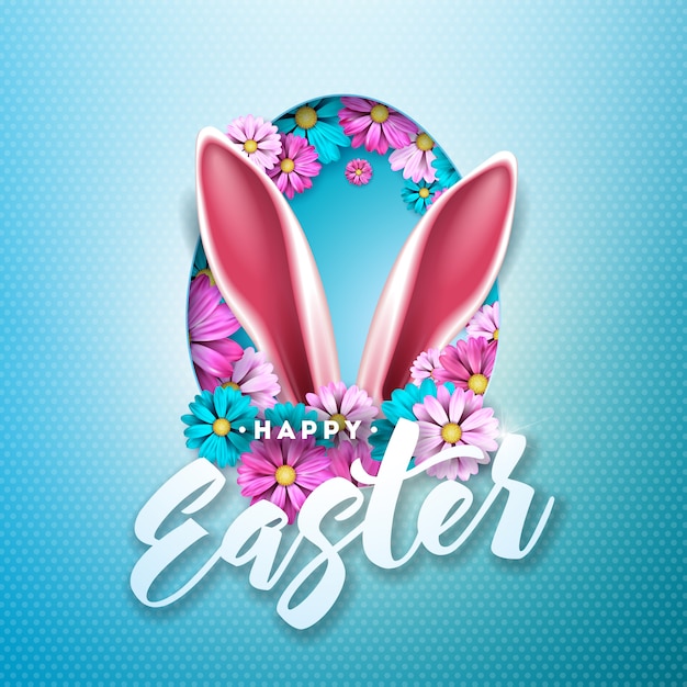 Happy Easter Design with Spring Flower in Egg Silhouette