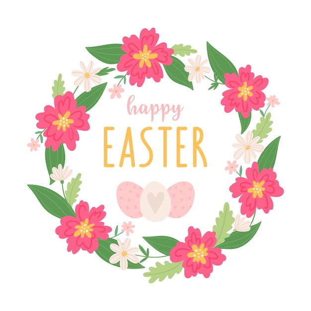 Happy easter Easter card template Bright wreath of flowers and an inscription Vector illustration isolated on white background