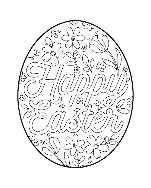 Happy easter easter egg lettering with flowers drawing coloring page