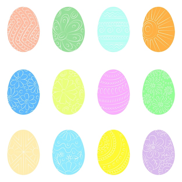 Счастливой Пасхи Пасхальные яйца разного цвета, изолированные от фонового плоского изображения, стилизованные яйца