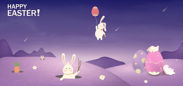 Вектор Счастливой пасхи пасхальная открытка. кролик банни с яйцами цветы в поле