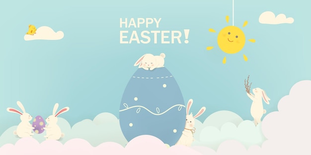 Vector happy easter easter rabbit bunny with eggs banner template