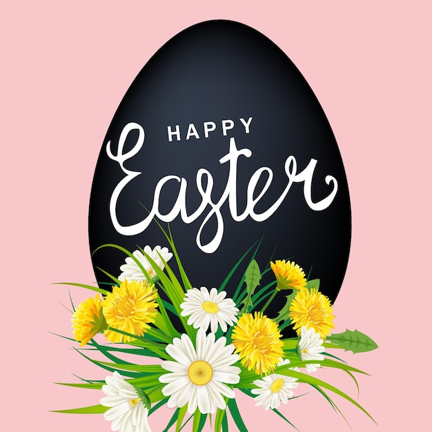 Happy Easter Egg belettering sjabloon banner paardebloemen en madeliefjes gras bloemen achtergrond