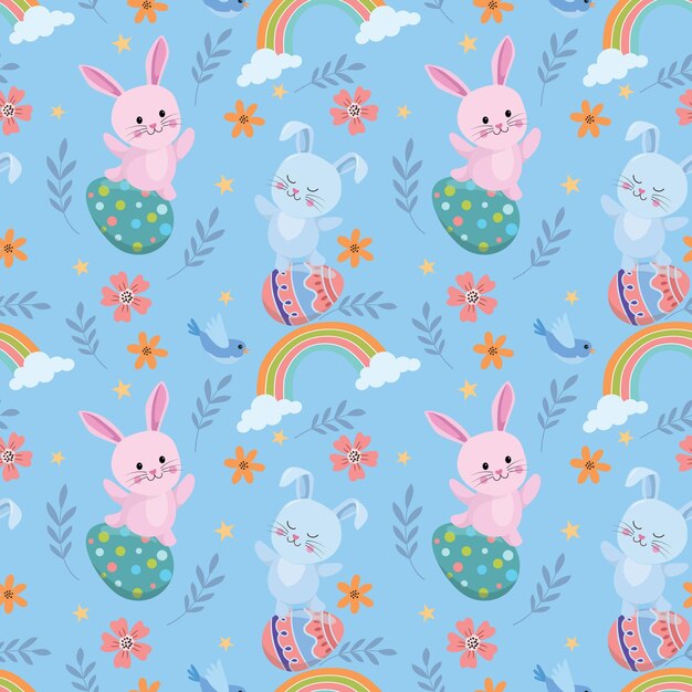 Вектор Счастливая концепция пасхальных яиц кролик с радугой и цветами пасхальные яица бесшовный рисунок