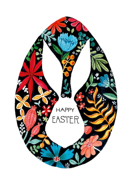 Vector happy easter egg rabbit folk style  watercolor illustration