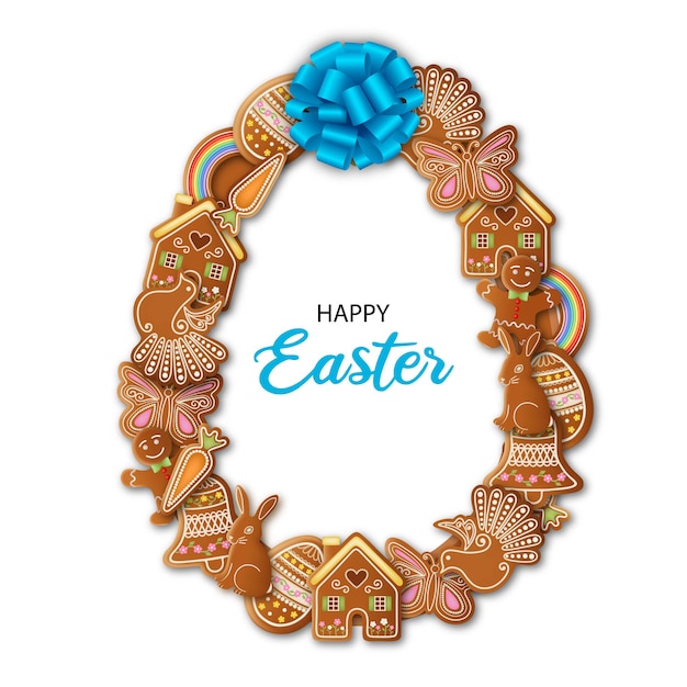 Happy easter egg shaped frame with gingerbread cookies