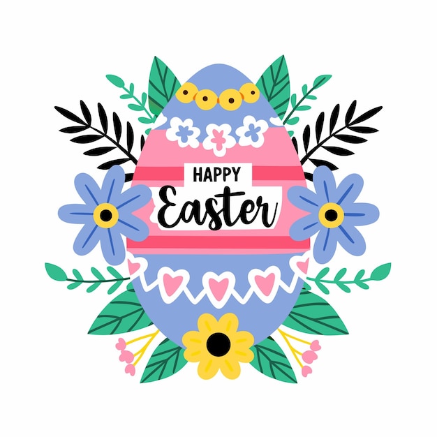 happy easter egg surrounded by flowers and leaves