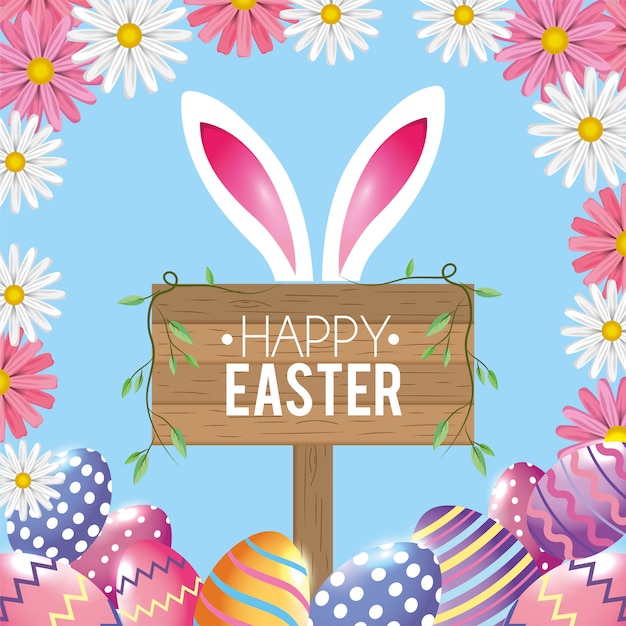 Happy Easter eggs decoration and rabbit with wood emblem