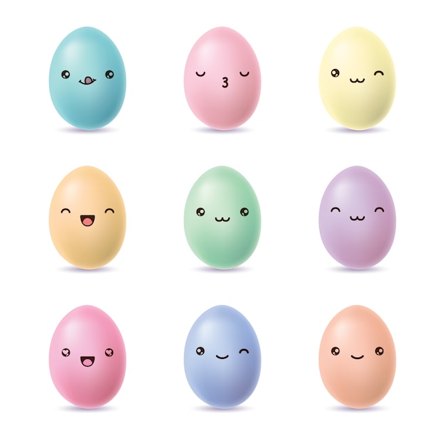 Счастливые пасхальные яйца установлены. Каваи яйца с милыми лицами. иллюстрация