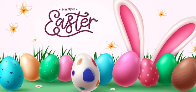 Happy easter eggs vector design Happy easter text greeting card with bunny ears and colorful