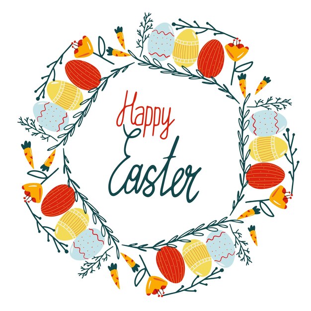 Happy Easter eggs with white round frame and ornate eggs flowers on white background in hand drawn