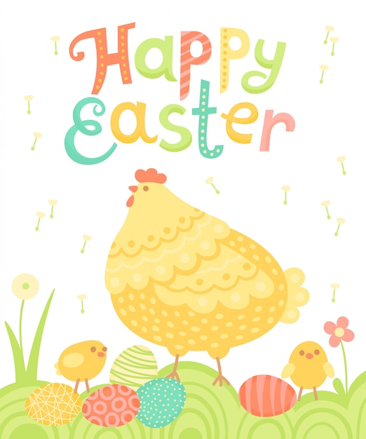Happy Easter Feestelijke ansichtkaart met kip, kippen en beschilderde eieren op een weide.