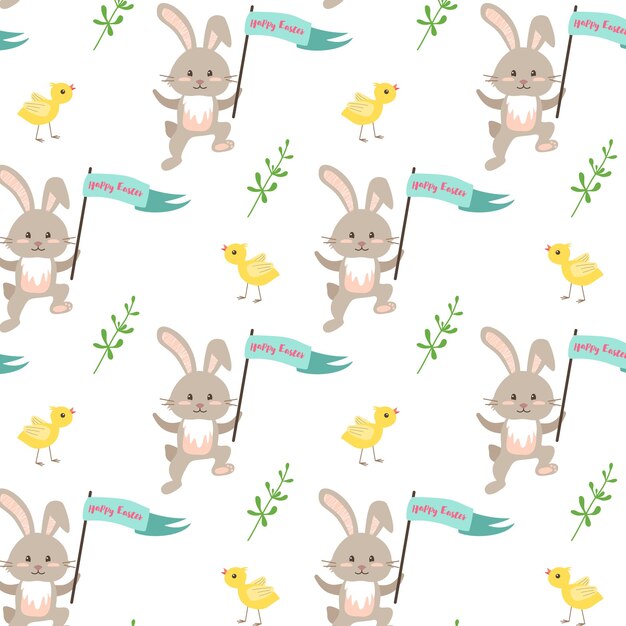 Happy easter festive decoration seamless pattern with rabbit chick and green twig elements for wrapp...