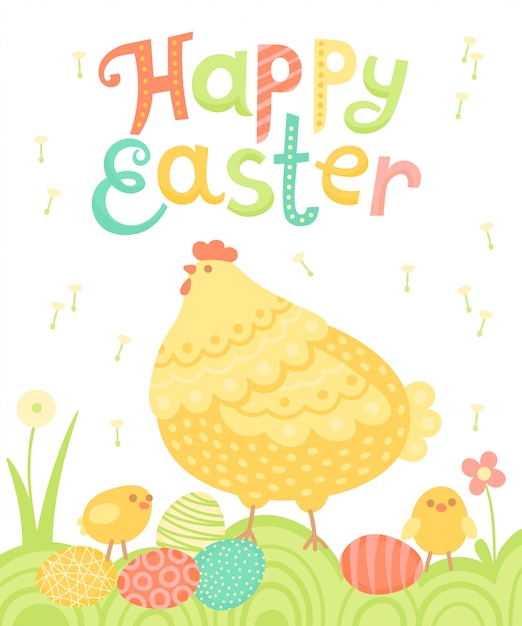 Vector happy easter festive postcard with hen, chickens and painted eggs on a meadow.