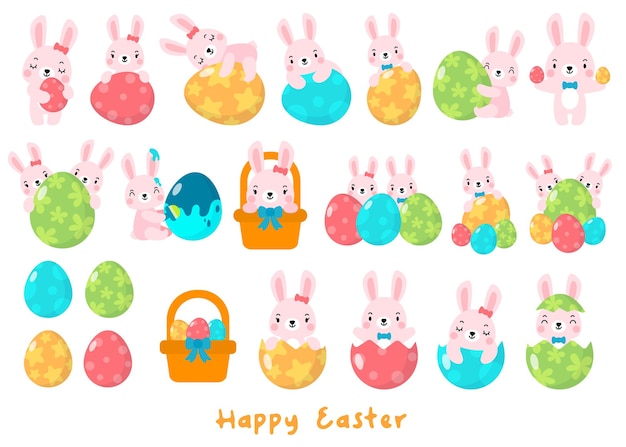 Happy easter flat clipart, rabbit and egg