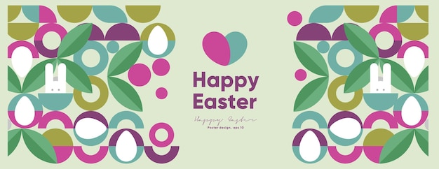 Happy Easter Flat vector illustration Abstract backgrounds geometric patterns for the Easter holiday Ornament spring symbols eggs rabbit flowers Poster banner flyer Egg packaging label