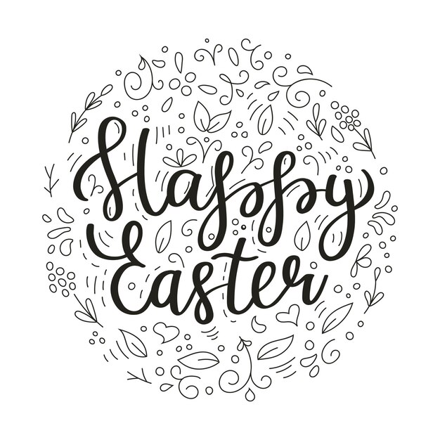 Happy easter floral circle frame calligraphy pastel colored greeting card hand drawn design elements handwritten brush lettering vector illustration on white background