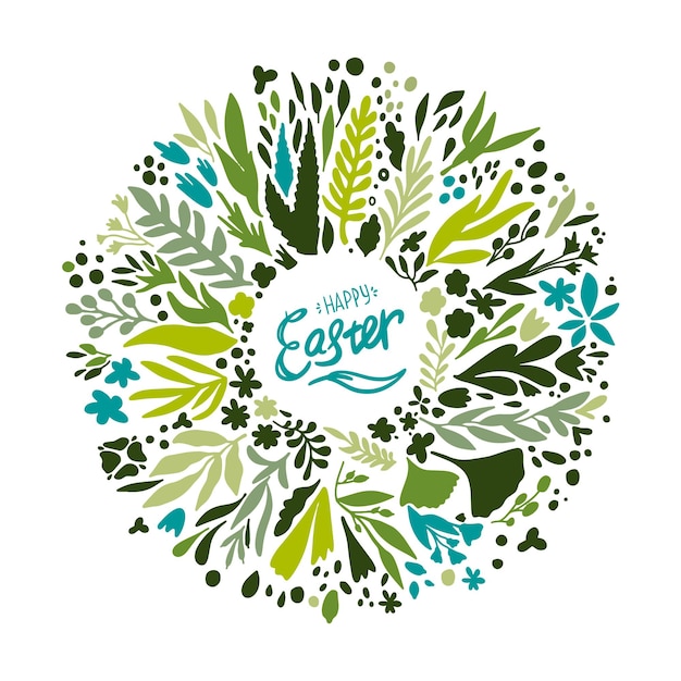 Vector happy easter flower wreath with lettering. doodle, cartoon.