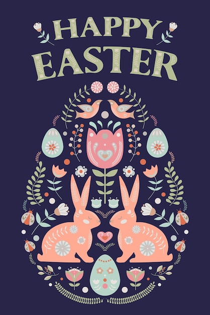 Поздравительная открытка счастливой пасхи в народном стиле с цветочными мотивами кроликов и птиц