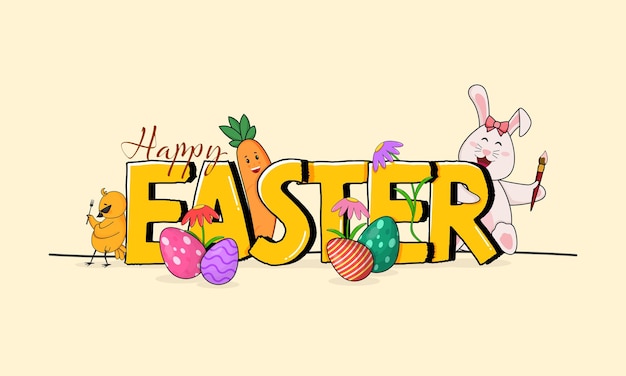 漫画のバニー、ニンジン、ひよこ、卵、デイジーの花がパステルイエローの背景を飾ったハッピーイースターフォント。