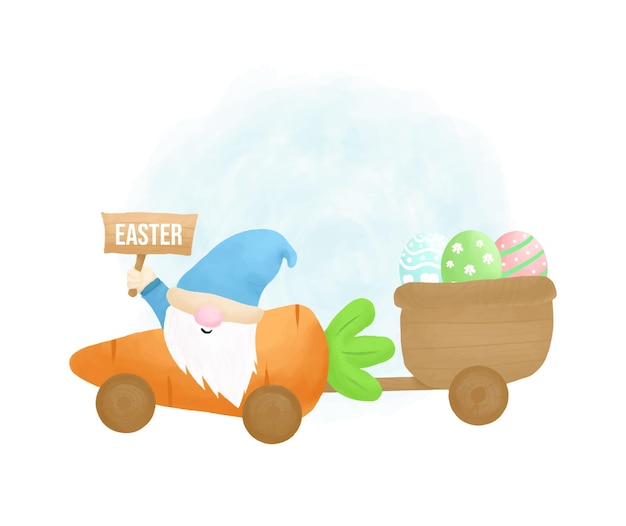 Вектор Счастливый пасхальный гном с декоративной векторной иллюстрацией яйца пасхальная открытка в стиле акварели