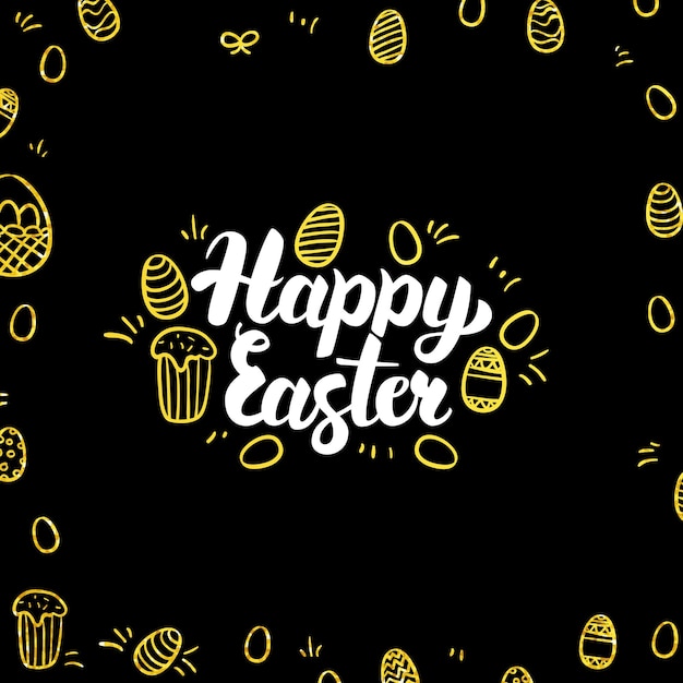 Happy easter gold black postcard. vector illustration of spring holiday calligraphy with golden decoration.