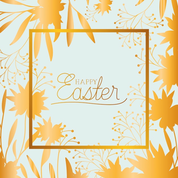 happy easter golden frame with hand made font and leafs