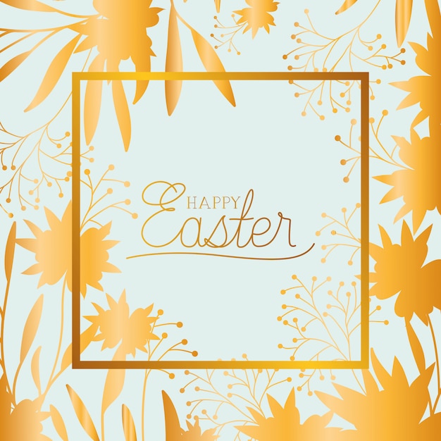 Happy easter golden frame with hand made font and leafs