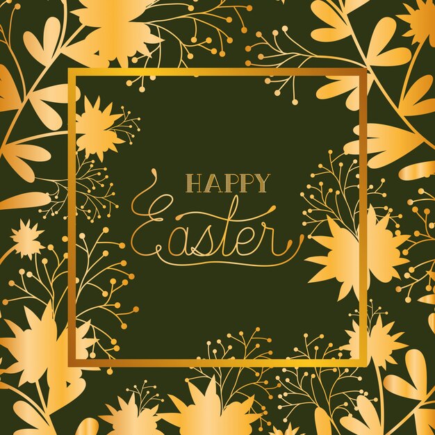 happy easter golden frame with hand made font and leafs