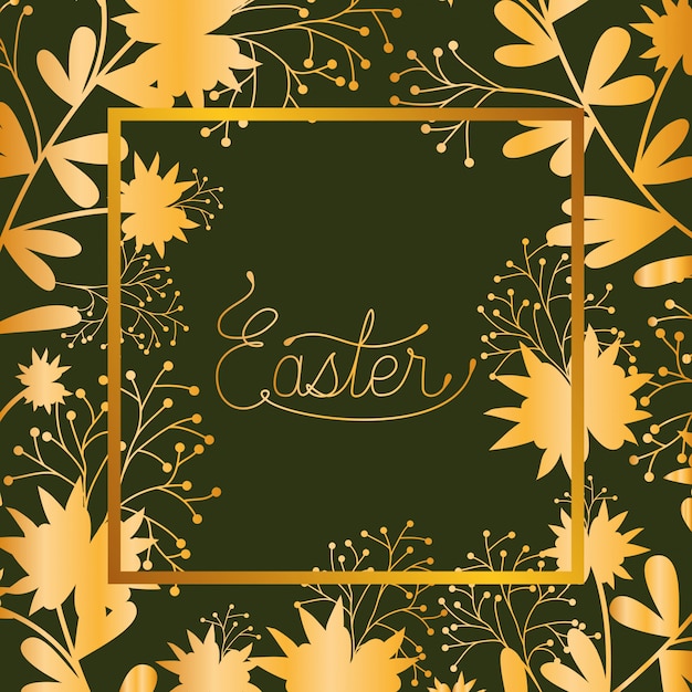 happy easter golden frame with hand made font and leafs