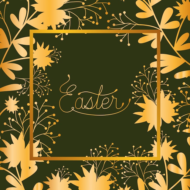 Happy easter golden frame with hand made font and leafs