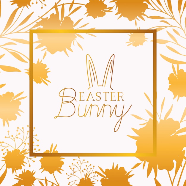 happy easter golden frame with rabbit ears and leafs