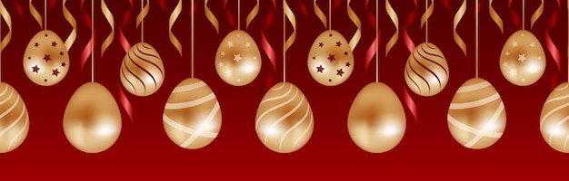 Buona pasqua ghirlanda dorata e rossa di uova di cioccolato con nastri a stelle e strisce bordo senza cuciture stile realistico di illustrazione vettoriale per lo sfondo di avvolgimento del tessuto del sito web
