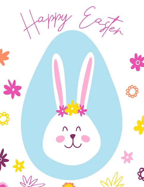 Happy Easter graphic greeting card Hand drawn colorful plants and bunny in modern cartoon minimalist style