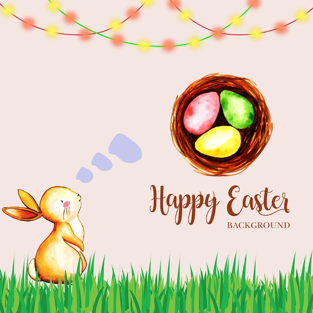 Happy Easter Greeting Bunny Pink Yellow Green Colourful Eggs Beige Background Banner