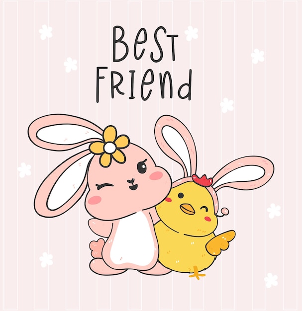 Happy easter greeting card best friend bunny and chick cartoon drawing illustration vector