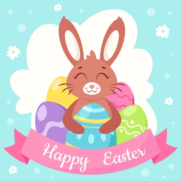 Vector happy easter greeting card. bunny with easter eggs.