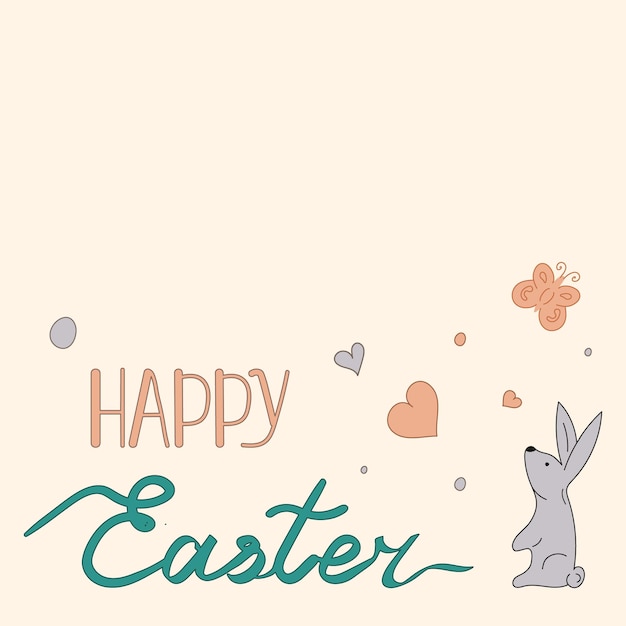 Happy easter greeting card card rabbit bunny flowers heart Easter Doodle vector illustration