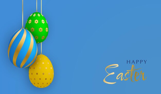 행복 한 부활절 인사말 카드 파란색 배경에 리본에 매달려 귀여운 3D 계란